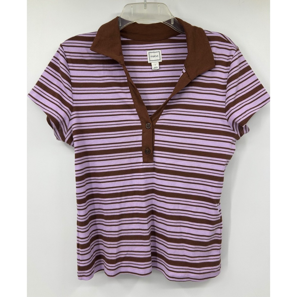 Maeve Anthropologie Purple Brown Striped Ribbed Polo Shirt Short Sleeve Medium